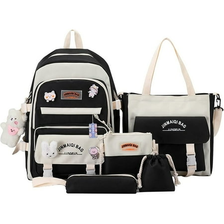 

Fuleadture-5 Piece Kawaii Backpack with Bear Pendants and Pins School Supplies Shredded Bear Backpack Set(Black)