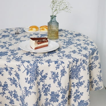 Aoztio Cotton Linen Tablecloth - Blue Floral Rectangle Table Cover 55x120 Inches