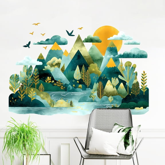 Mountain Landscape Wall Decals Gold Green Nature Scene Stickers 33x24 Inch Bedroom Living Room Removable Mural Decals