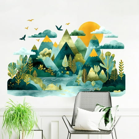 Mountain Landscape Wall Decals Gold Green Nature Scene Stickers 33x24 Inch Bedroom Living Room Removable Mural Decals
