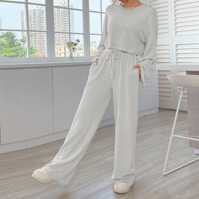 Pantalones Trajes casuales de 2 piezas para mujer, suéteres sueltos y pantalones palazzo, traje simple para el hogar Cgtredaw Gris claro T L para Mujer