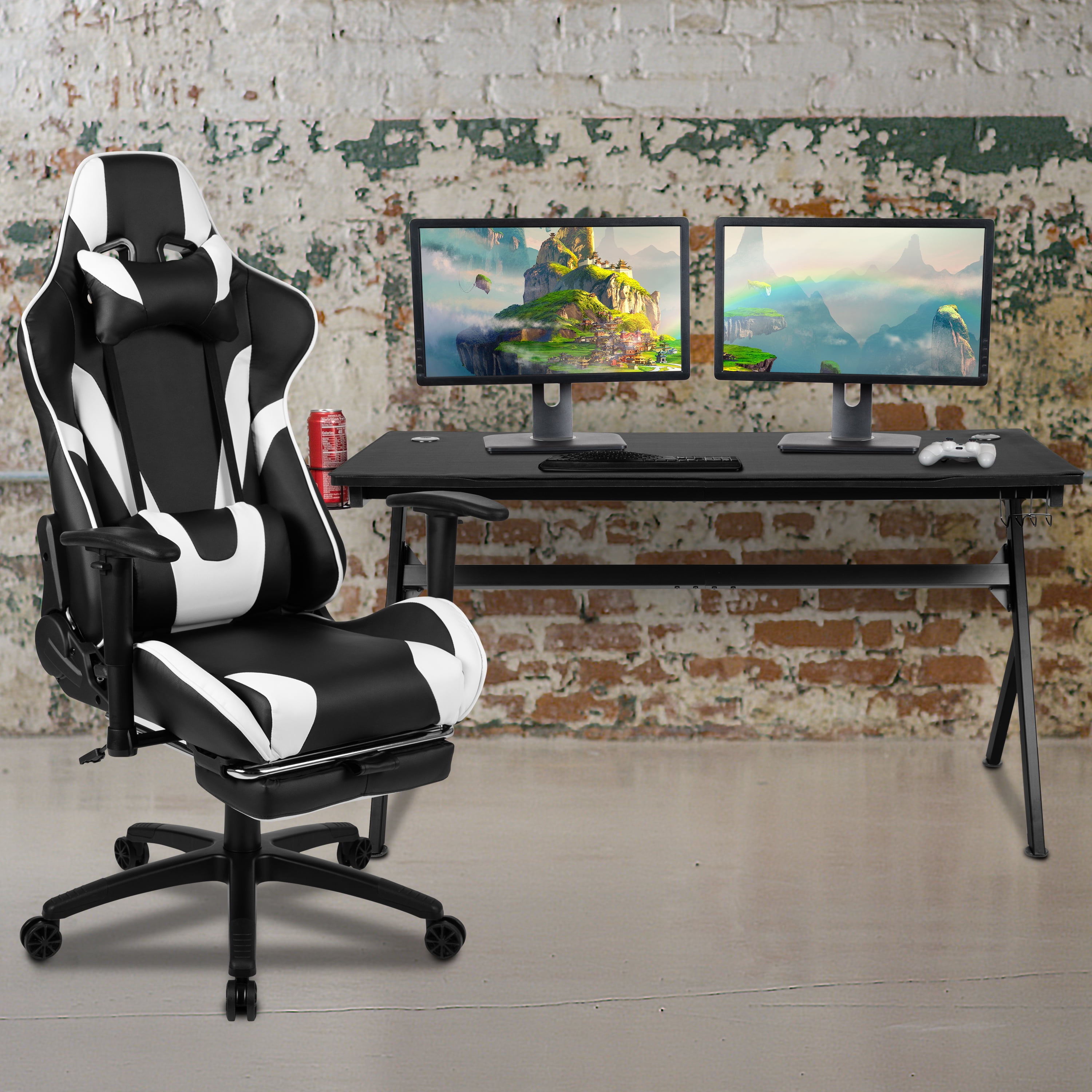 Flash Furniture Deepside Gaming Bundle-Cup/Headphone Desk & Reclining  Footrest Chair