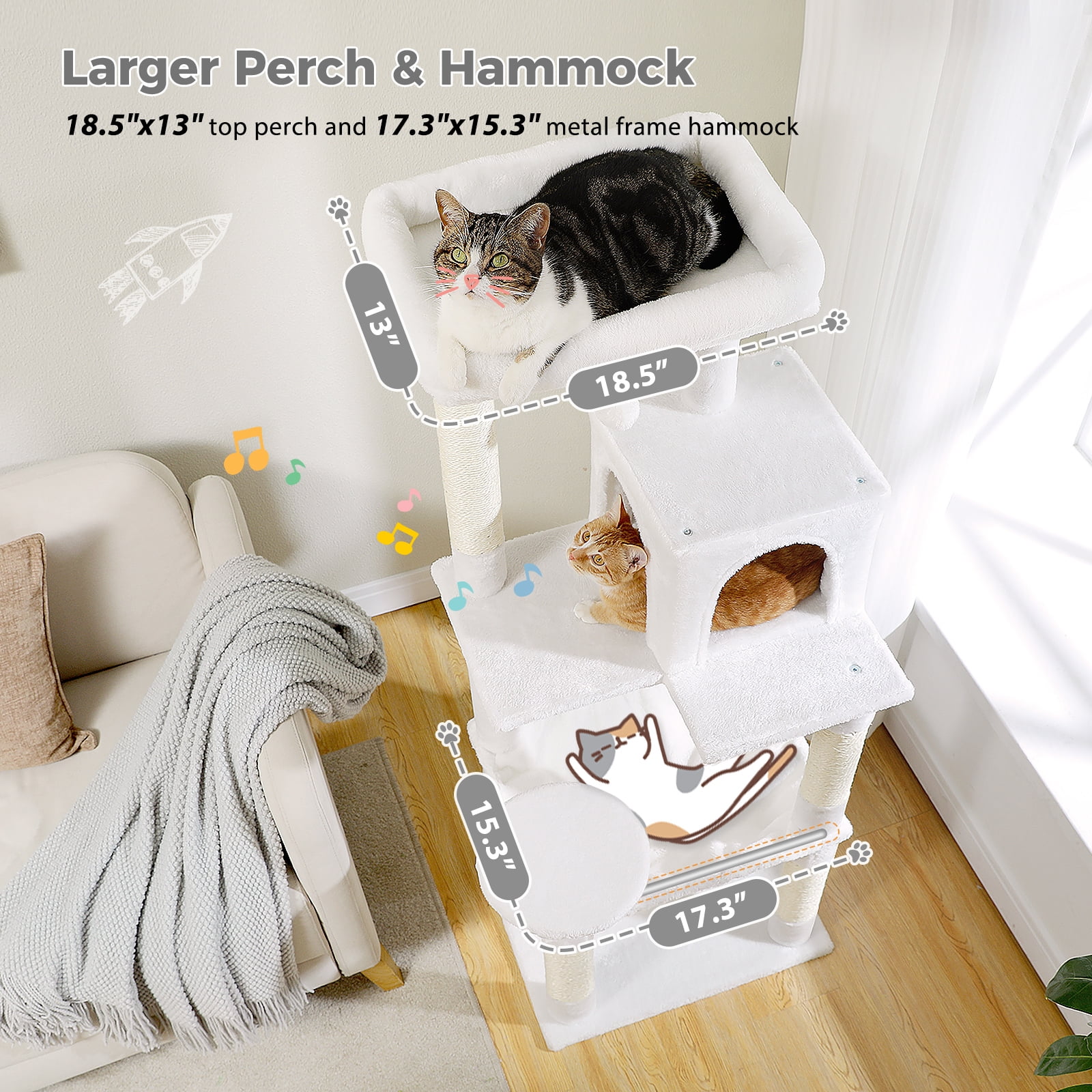Kadyn 56" Wood Cat Tree Tower for Large Cats, Cat Tree House for Indoor Cats with Cozy Cat Condo, Super Large Hammock and Plush Perches, White