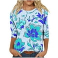 thumbnail image 2 of SOOMLON Womens 3/4 Sleeve Shirts Plus Size Tunic Cotton Tops Dressy Casual Round Neck Shirts Cute Flowers Graphic T Shirts 2025 Trendy Spring Summer Ladies Tops Loose Fit Outfits Pullover Blue XL, 2 of 4
