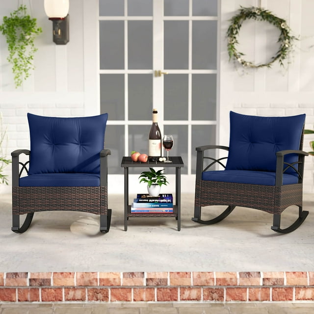 Costway 3 PCS Rattan Rocking Chair Set with Acacia Wood Tabletop Armrests for Porch, Balcony Mix Brown + Navy