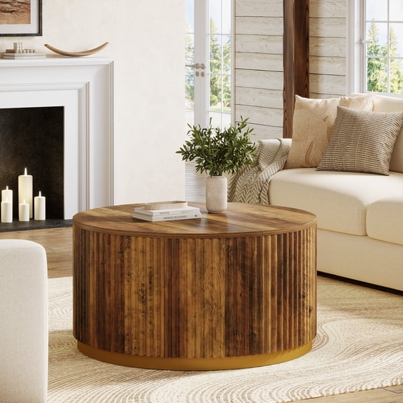 Tribesigns 31.5" Round Coffee Table, Fluted Wooden Center Table for Living Room, Small Space or Office, Rustic Brown