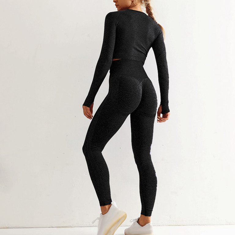 Women Seamless Workout Outfits Sport Long Sleeve And Legging Black ZigZag  Pattern