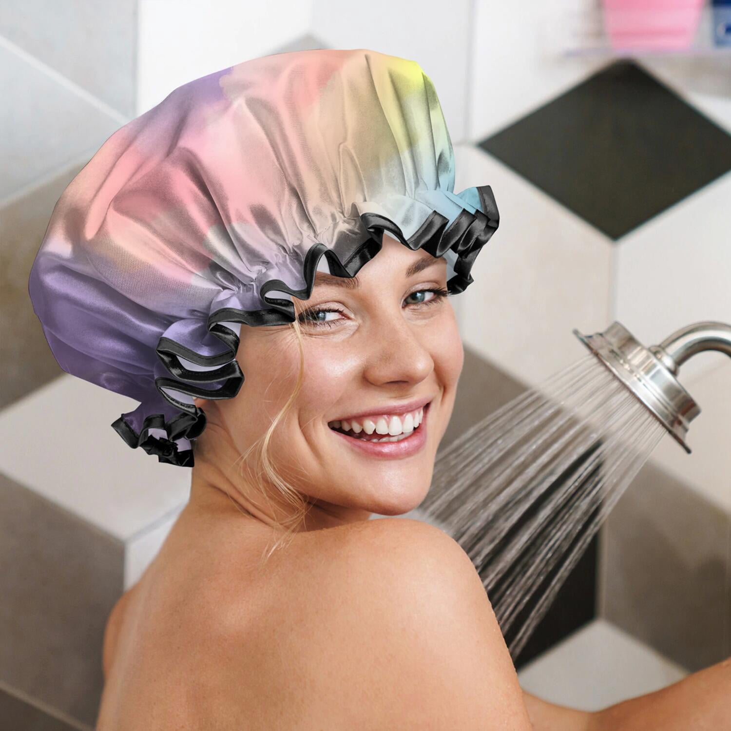 Shower Caps,Pastel Rainbow Clouds Waterproof Shower Cap for Women 4 Pieces,Double Reusable Hair Cover for Shower PEVA Elastic Stretch Hem