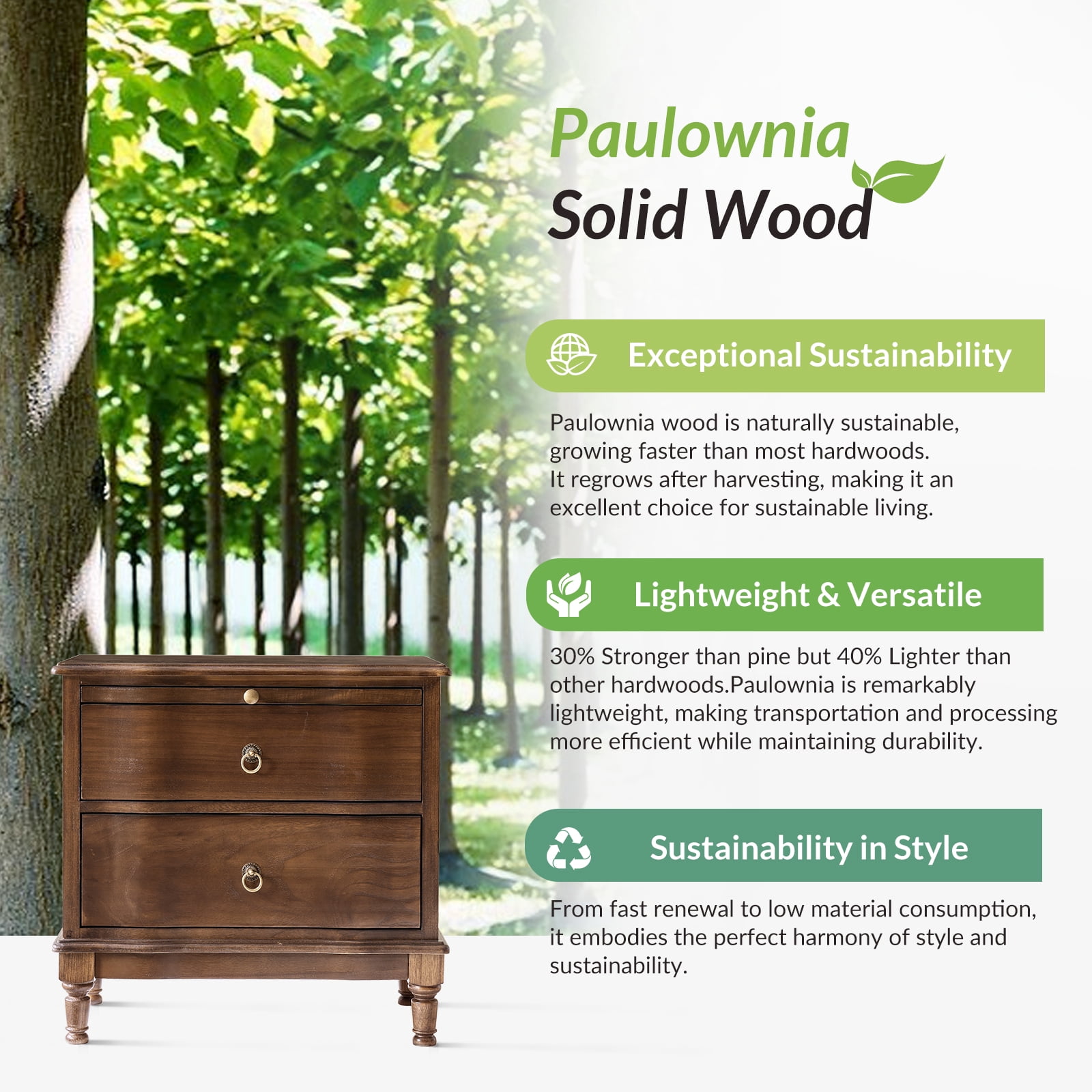 25" Traditional 2 Drawers Solid Wood End Table Set of 2 with Pull-out Tray and Charging Station Walnut