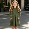 thumbnail image 2 of IROINNID Girls Ribbed Knit Dress Round Neck Long Sleeve A Line Pleated with Pockets Solid Color Casual for Fall Winter Daily Wear Cozy Soft Comfy, 2 of 8