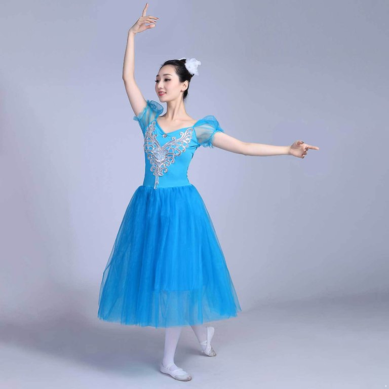 Doomiva Women Puff Sleeve Ballet Dance Mesh Tulle Long Dress Ballerina Swan  Lake Princess Dress Blue XXL - Walmart.com