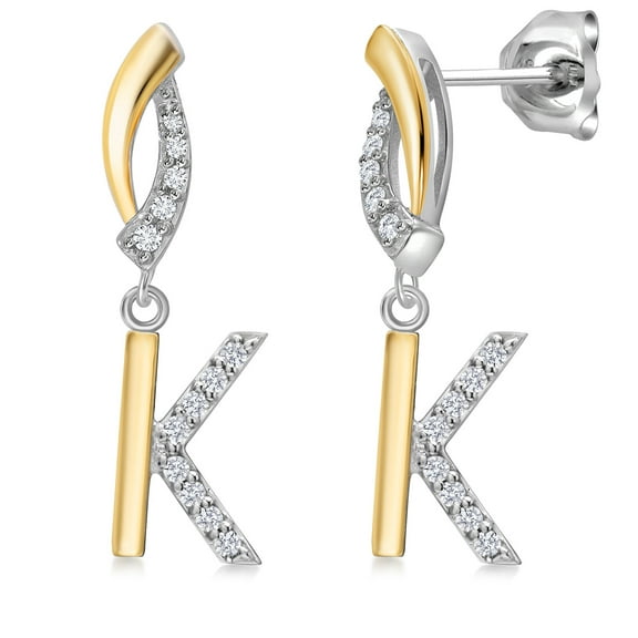 Gem Stone King 10K Yellow Gold and 925 Sterling Silver White Lab Grown Diamond Initial Letter Charm Dangling Earrings for Women by Keren Hanan