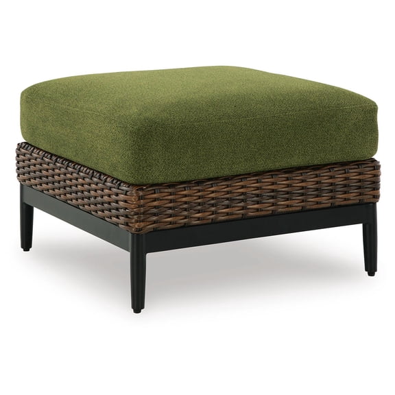 Signature Design by Ashley Horizon Hall Outdoor Ottoman with Cushion - All-Weather Resin Wicker - Green UV-Resistant Nuvella Fabric