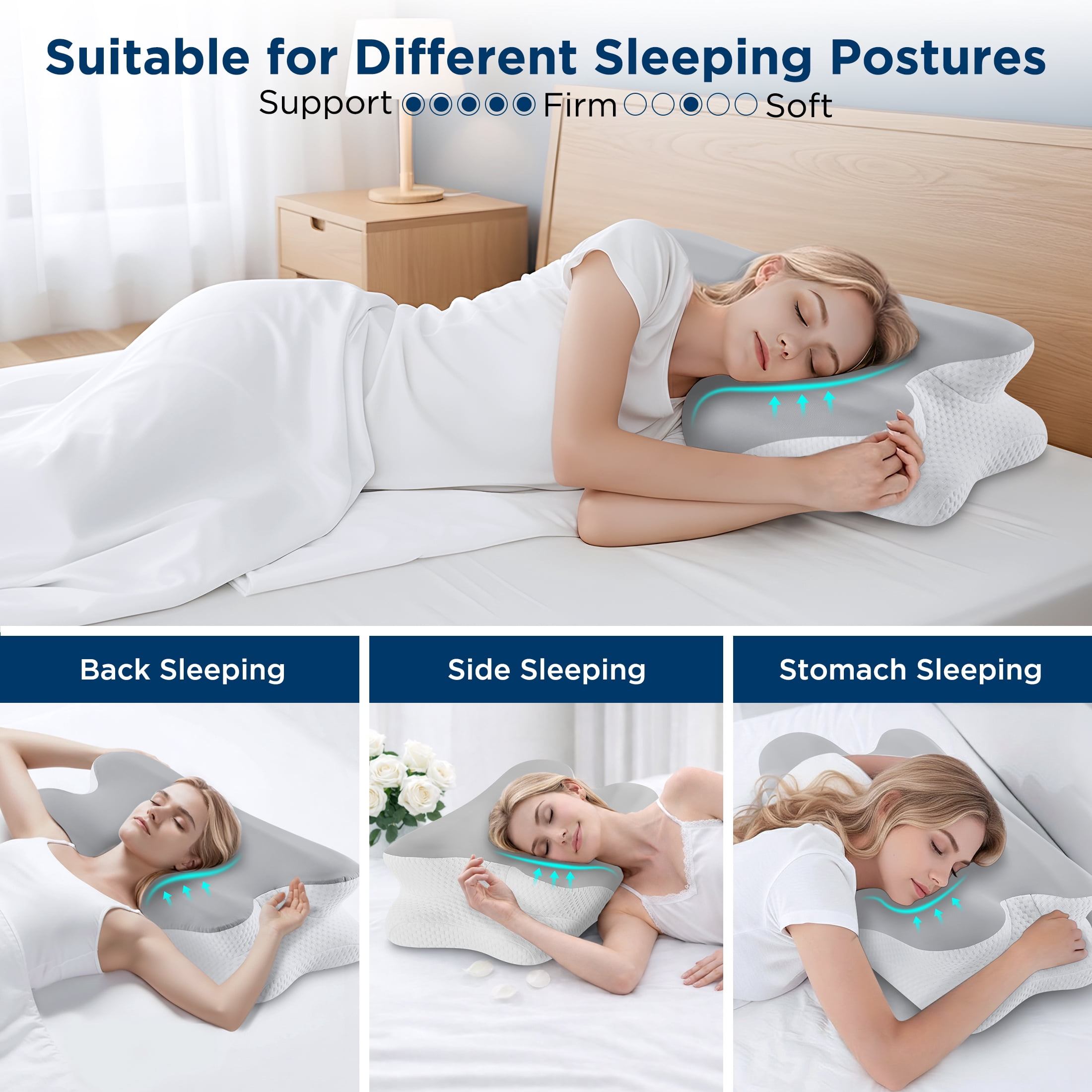 MOONORAH Cooling Bed Pillow for Neck & Shoulder Pain Relief, Cervical Support Contour Pillow for Side, Back, Stomach Sleepers, Orthopedic Memory Foam with Cooling Cover,Gray & White