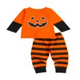 thumbnail image 1 of Toddler Baby Halloween Smile Pumpkin Print Long Sleeve Tops Striped Pants Set, 1 of 5