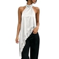 thumbnail image 2 of Karymi Womens Summer Tops Halter Neck Asymmetric Tank Top, Twist Sleeveless Floral Lace Trim Irregular Long Hem Loose Flowy Camisole, Satin Layering Blouse Cute Tops for Women, 2 of 7