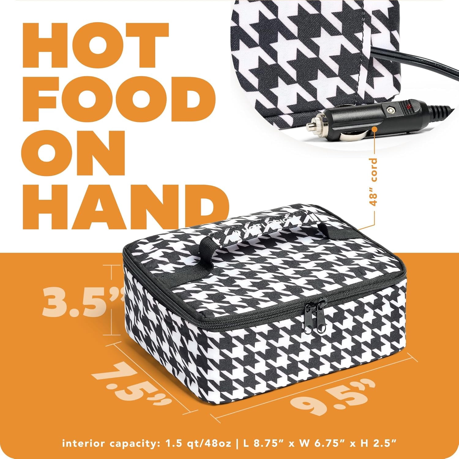HOTLOGIC Mini Portable Electric Lunch Box Food Heater - Innovative Food Warmer and Heated Lunch Box for Adults Car/Home - Easily Cook, Reheat, and Keep Your Food Warm - Houndstooth (12V)