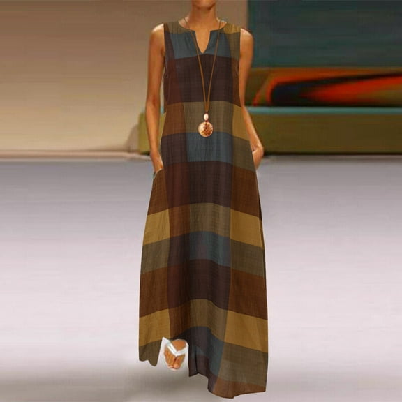 Aayomet Maxi Dress For Women Women V Neck Plus Size Dress Sleeveless Daily Plaid Maxi Neck Vintage Bohemian Women's Dress Summer,Khaki XXL