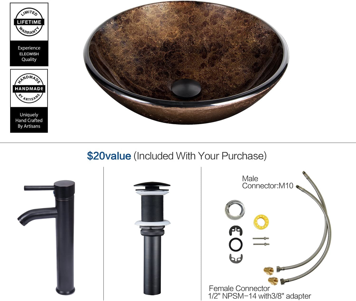 ELECWISH Bathroom Vessel Sink with Faucet Mounting Ring and Pop Up Drain 16.5 Inch Tempered Glass Basin (Brown)
