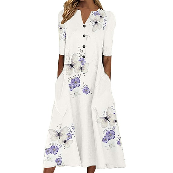 Womens Casual Loose Butterfly Printing V Neck Half Sleeve Button Pockets Long Dress Sexy Summer Boho Floral Formal Sundresses Wedding Guest Prom Bodycon Cocktail Dresses A68-6786