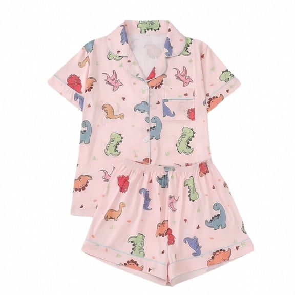 Likimi Pajamas For Women Set Lapel Button Down Dinosaur Print Short Sleeve Pjs Tops With Shorts Loose Fit Soft Casual Homewear Pink Size L