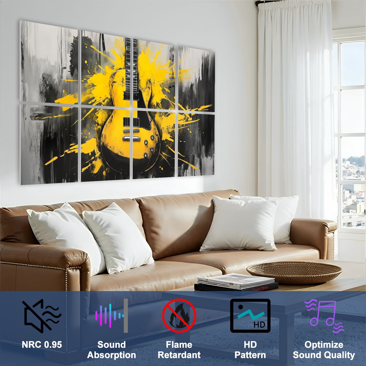 8 Pack Art Acoustic Panels Sound Absorbing Musical Instrument Graffiti Yellow Jazz Drum Piano Pop Music Decorative Soundproof Wall Panels Self Adhesive for Nursery Game Room Bedroom 48"x32"
