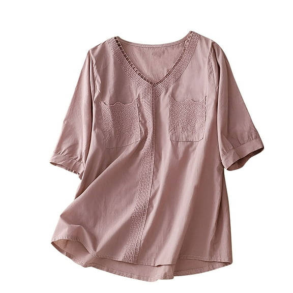 Qetyuw Cotton Linen Tops with Pockets for Women Basic Solid Collor V-Neck Blouses Relaxed Fitted Embroidery T-shirts Breathable Short Sleeve Shirts Saving