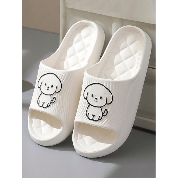 Women's Summer Black Flat Sandals With Cartoon Dog Pattern, Indoor Anti-Slip Bathroom Shower Comfortable Slippers