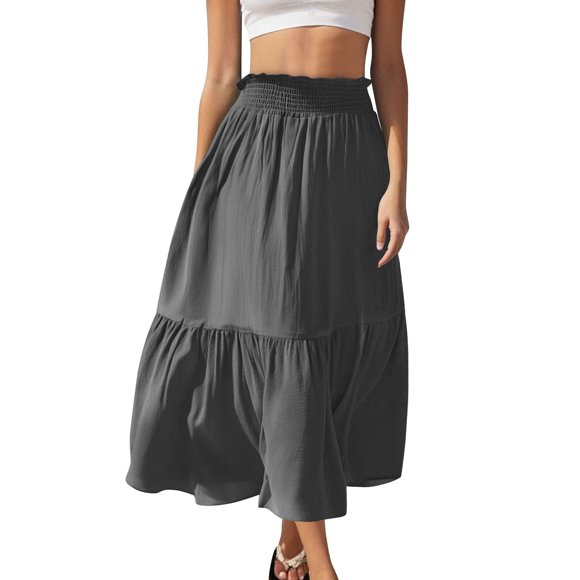 Pisexur Skirts for Women Summer Flowy Boho Maxi Skirt Trendy Drawstring Elastic High Waist Pleated Tiered A Line Beach Long Skirts Dark Gray,M