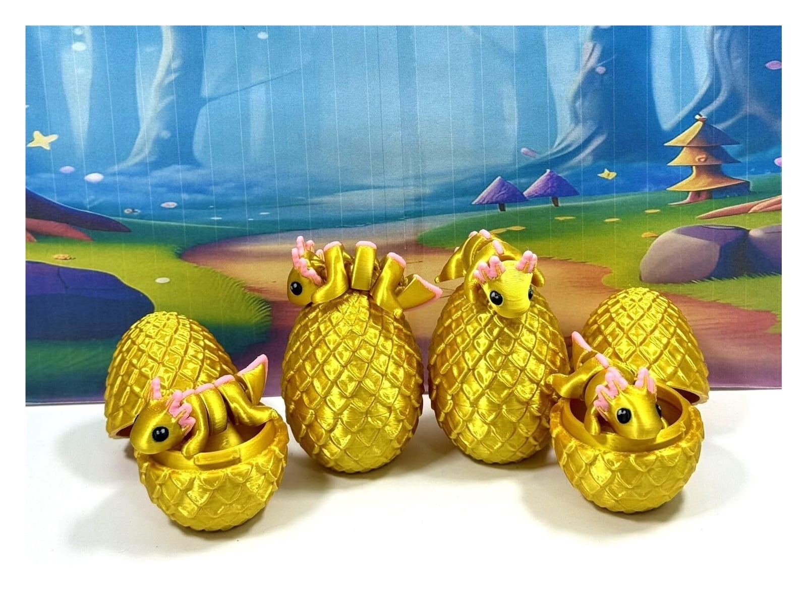 4pcs 3D Printed Articulated Golden Axolotl with Eggs, Fidget Axolotl Fidget Executive Desk  Home Decor