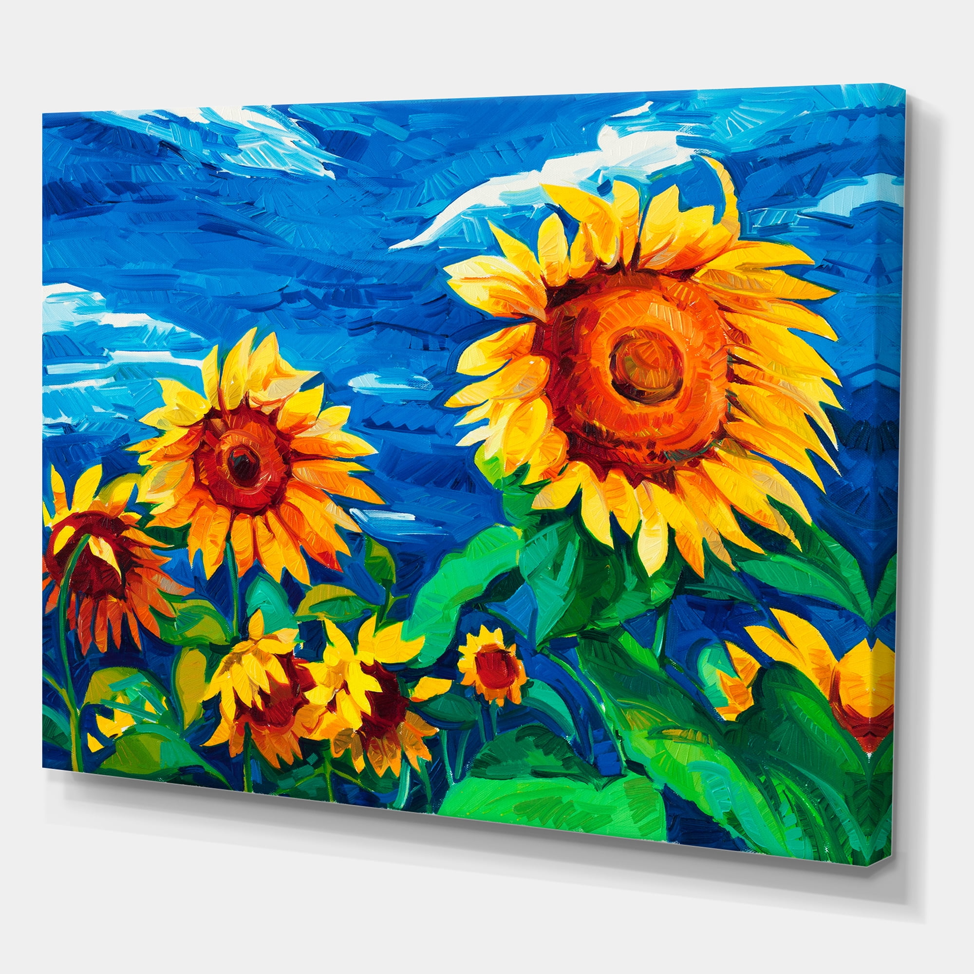 Designart ' Sunflowers Field Under A Bright Blue Sky ' Traditional Canvas Wall Art Print