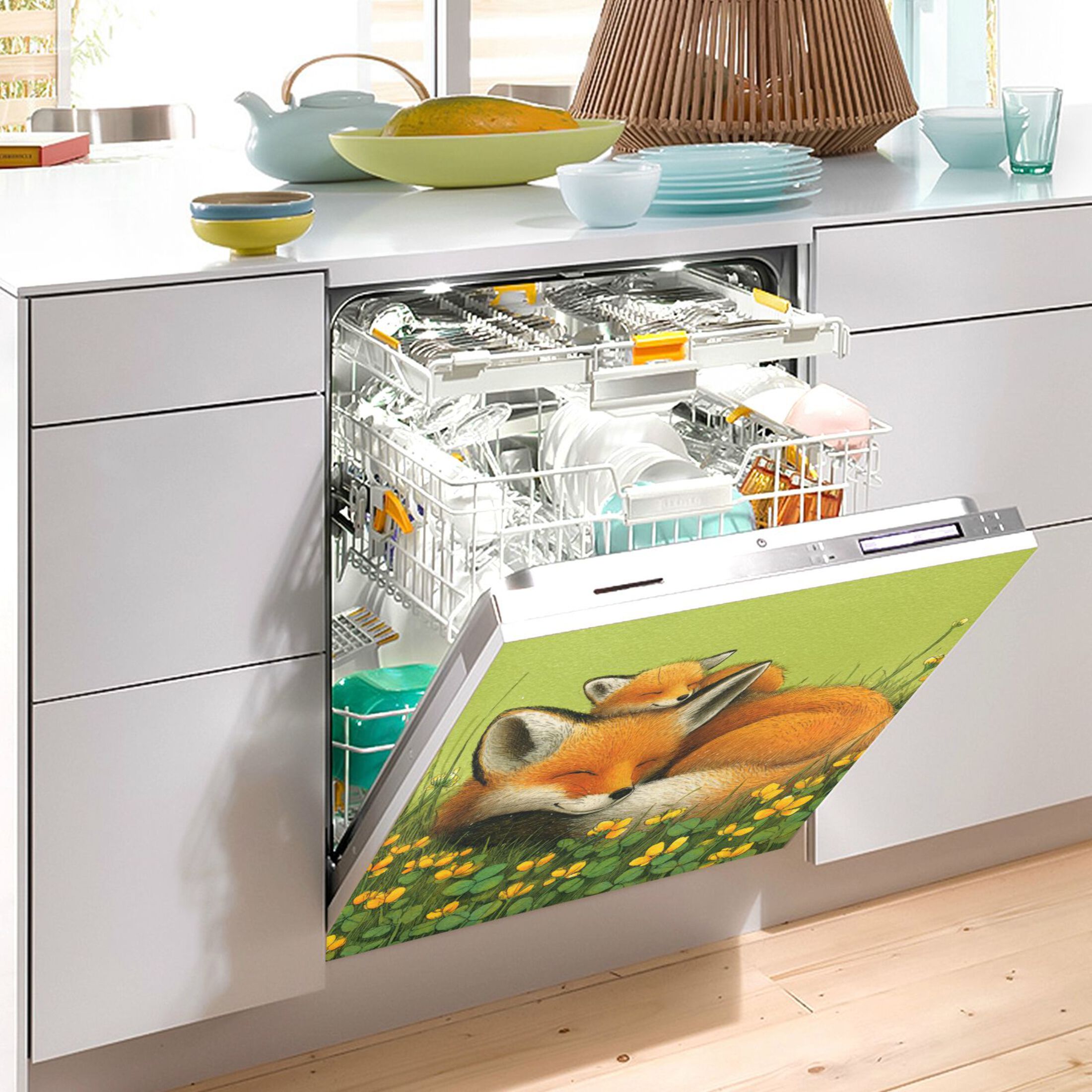 Dishwasher Magnetic Refrigerator Magnet Cover Sticker Home Decorative 23"x26" Big and Little Fox