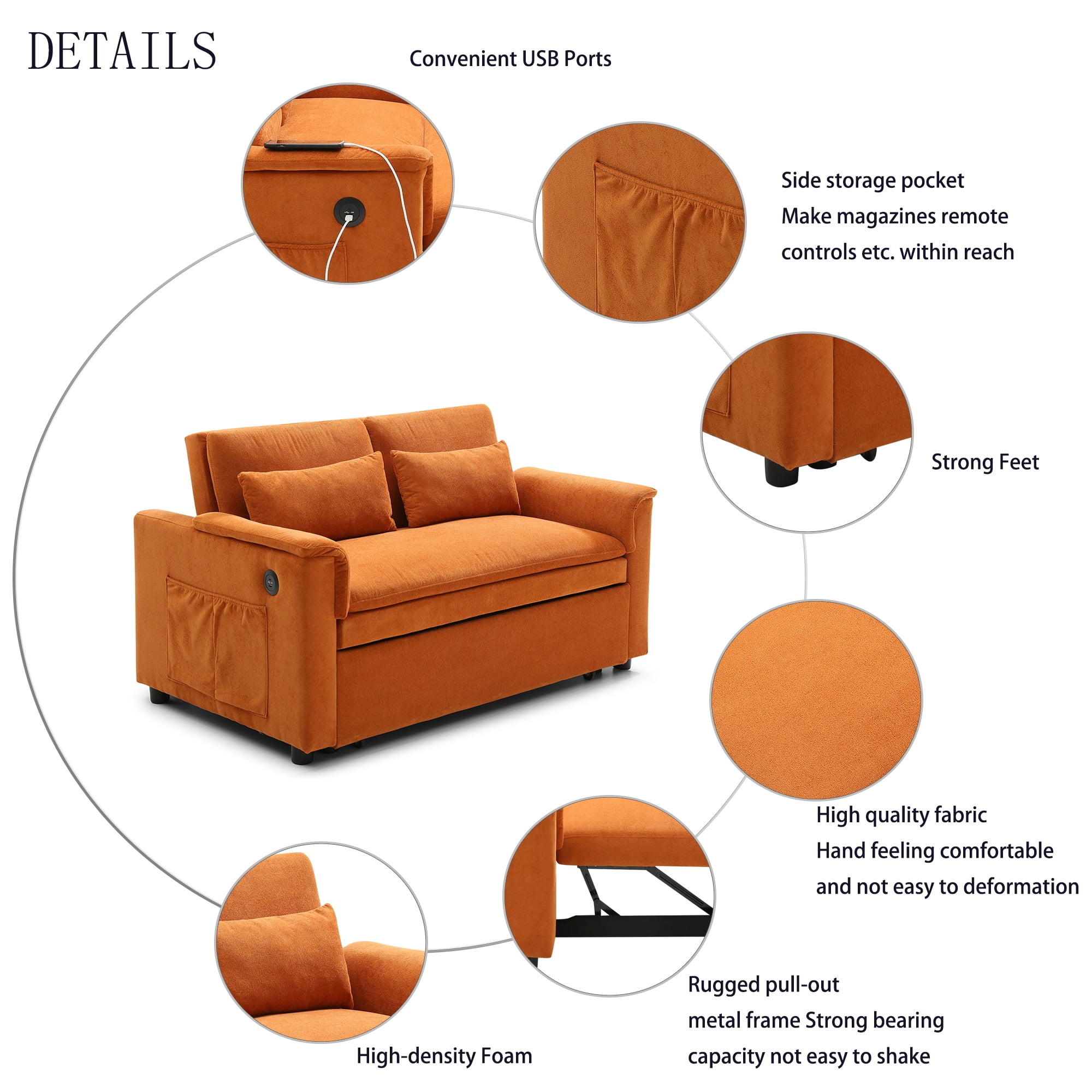 55" Convertible Sleeper Sofa Bed,3 in 1 Velvet Pull Out Sofa Bed with Adjustable Backrest & USB Ports,Modern Loveseat Sofa Couch for Living Room,Apartment,Orange
