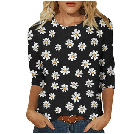 New Arrivals Womens Shirt Black White Floral Blouse 3/4 Sleeve Round Neck Tees Tshirts Fall Tops My Items