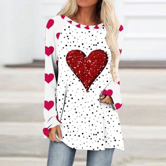 Qertyioot Chemise Cœur d'Amour Saint-Valentin Grande Taille Pull, Mode Femme Décontractée Imprimé Col Rond Ample Manches Longues Blouse Pulr