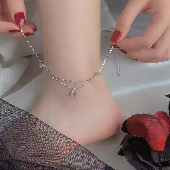 14K White Gold Double Layer Round Anklet Fashion Simple Temperament Anklet Birthday Gift For Women High Jewelry Accessories