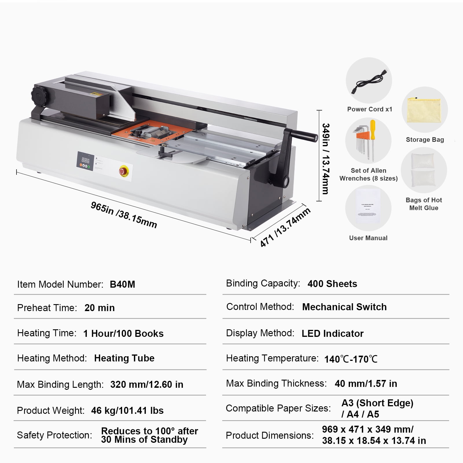 SKYSHALO Thermal Book Binding Device, Holds Up to 400 Sheets, Hot Adhesive Binding Equipment, Supports 40mm Spine Width for A3(Side Bound), A4, and A5 Papers