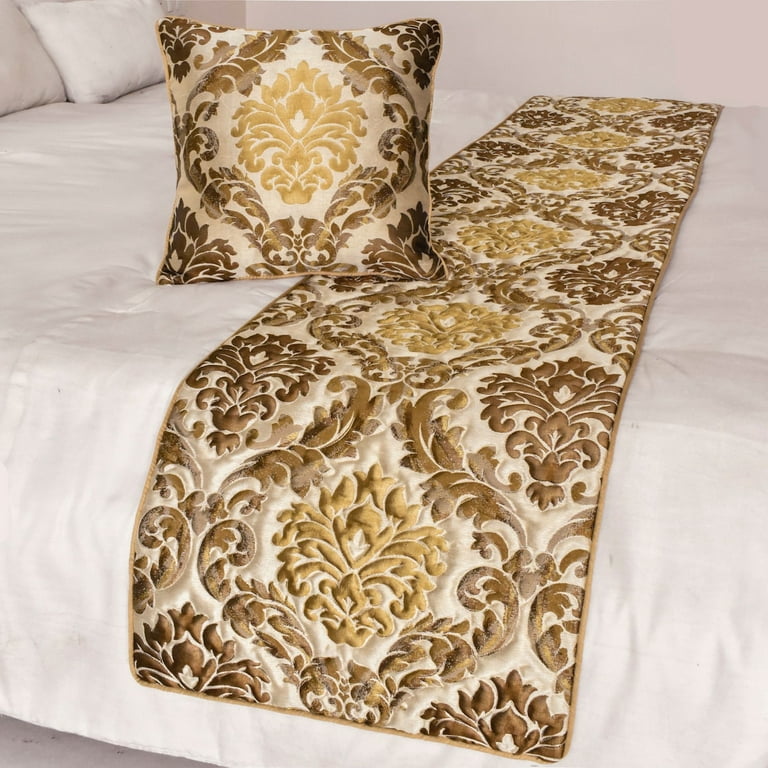 King Queen Twin Gold & Brown Handmade Full 68x18 Bed Runner without Pillow  Cover, Damask & Quilted Bed Scarf on Silk fabric - Royal Mughal 