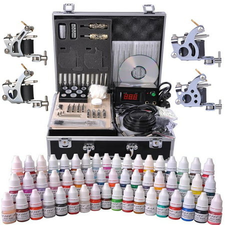 Complete Tattoo Kit 54 Color Ink 4 Machine Guns Set Foot Switch LCD Power Supply