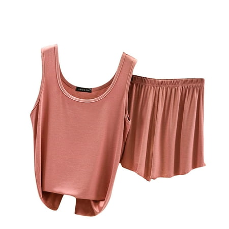 Scyoekwg Womens Sets 2 Piece Outfits Summer Thin Loose Strap Solid Color Sleeveless Tank Tops Shorts Casual Two Piece Set (Pink XL)
