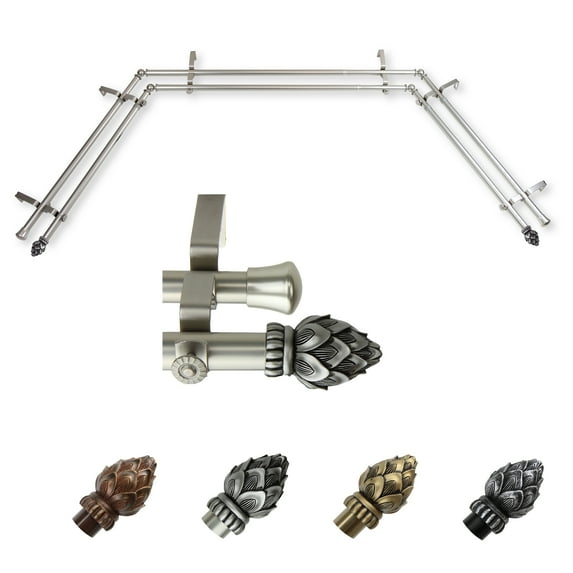 Gisela 13/16" Double Bay Window curtain rod Adjustable 20"-36", 38"-72" - Satin Nickel,(ABay-07-5D)