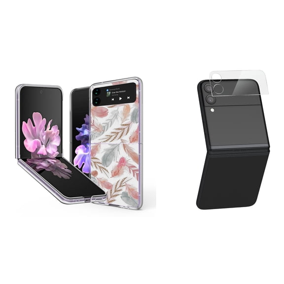 Bemz Premium Bundle for Samsung Galaxy Z Flip 3 5G: Slim Snap-On Protector Case (Pink Grey Feathers), Rear Camera Glass Protector
