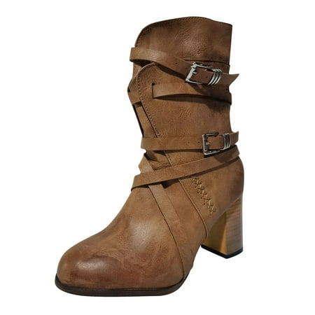 

Takeoutsome Women s Winter Fashion Squared Heel Vintage Round Toe Zip Up Combat Boots Shoes