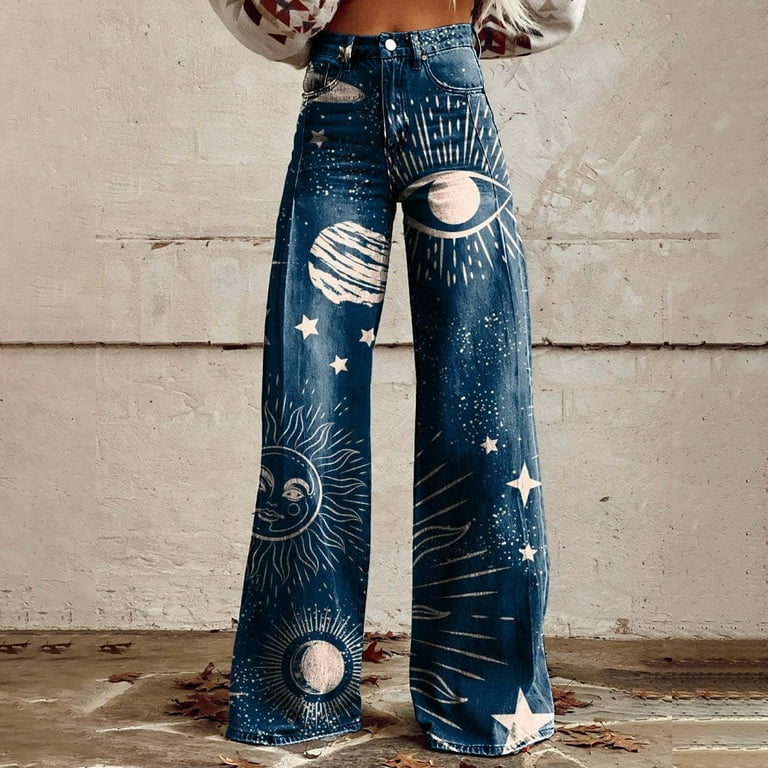 Charmgo Women Baggy Pants Women s Vintage Denim Style Print Flowy Pants Casual Wide Leg Pants Palazzo Pants for Women Blue S Walmart