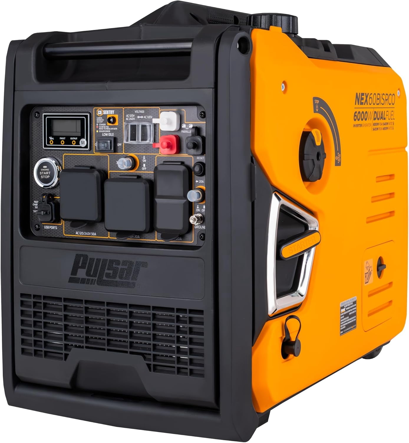 Pulsar 6000 Watt Portable Inverter Generator, Dual Fuel Gasoline & Propane, Remote Electric Start, CO Sensor, Parallel Capable, Super Quiet, Use for RV, Camping, Outdoor & Home