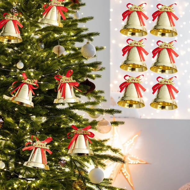 Fiudx Colgante de Campanas Navideñas, Cascabeles de Metal Dorado con Lazo Rojo, Adornos para Árbol de Navidad, Decoraciones Multiusos, Perfecto para Coronas, Repisas y Manijas de Puertas, Juego de 6