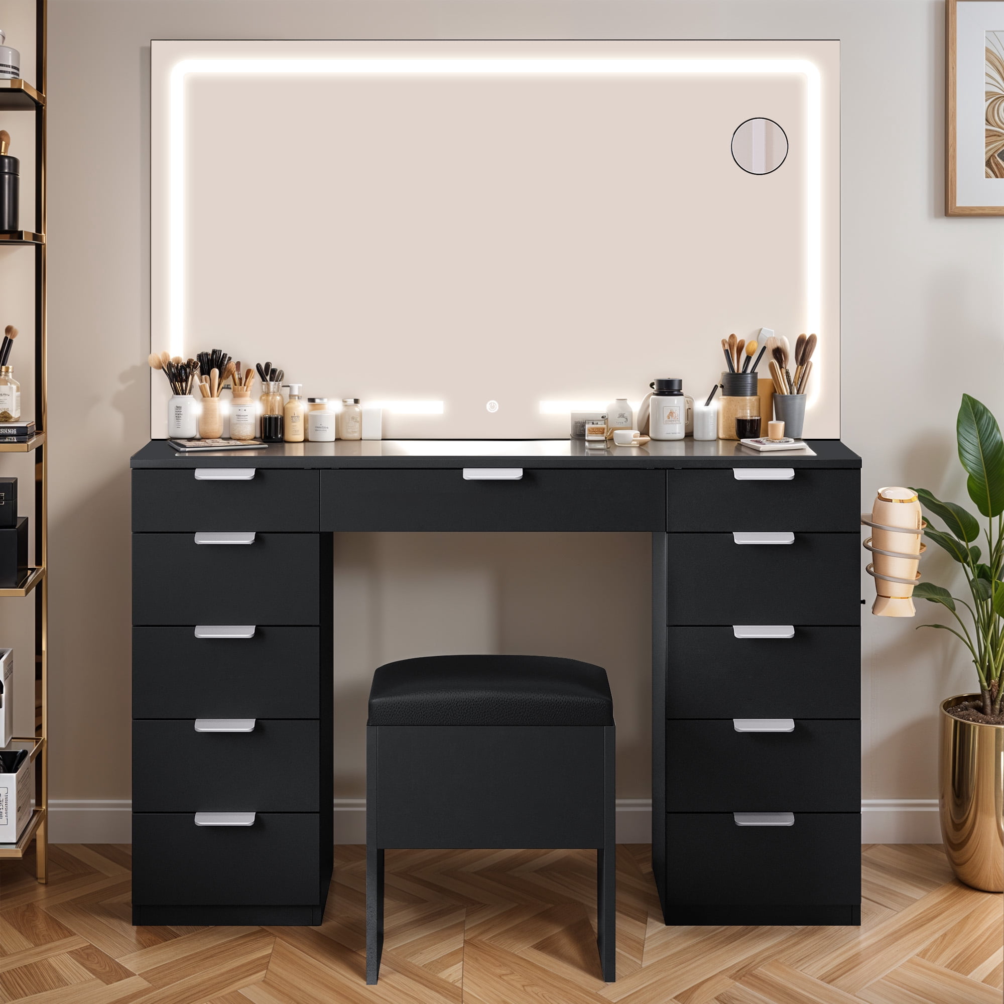 Uforic Elegant Black Vanity Desk Set with LED Mirror and Glass Top