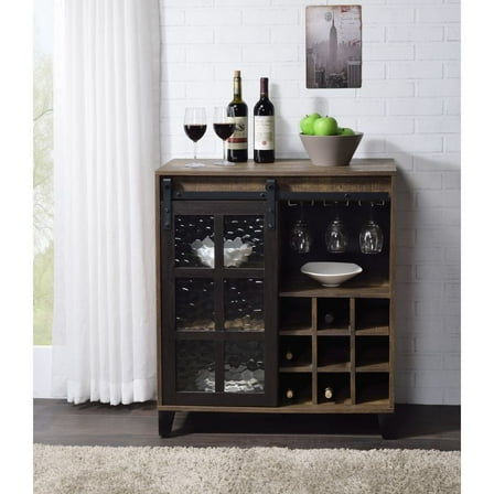 32"L X 16"W X 35"H Wine Cabinet, Obscure Glass, Rustic Oak & Black Finish