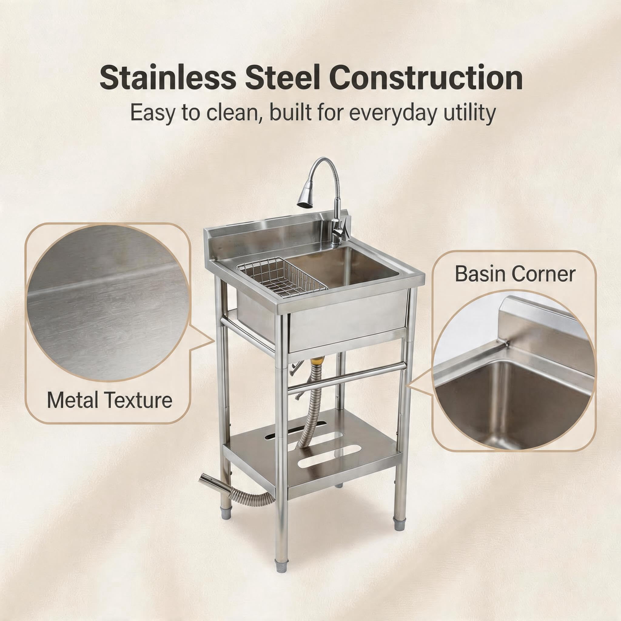 Kicctian Stainless Steel Utility Sink, 22'' × 20'' × 39'' Freestanding Stainless Steel Single Bowl Laundry Sink with swivel horn style faucets for Kitchen, Bathroom, Garage or Basement