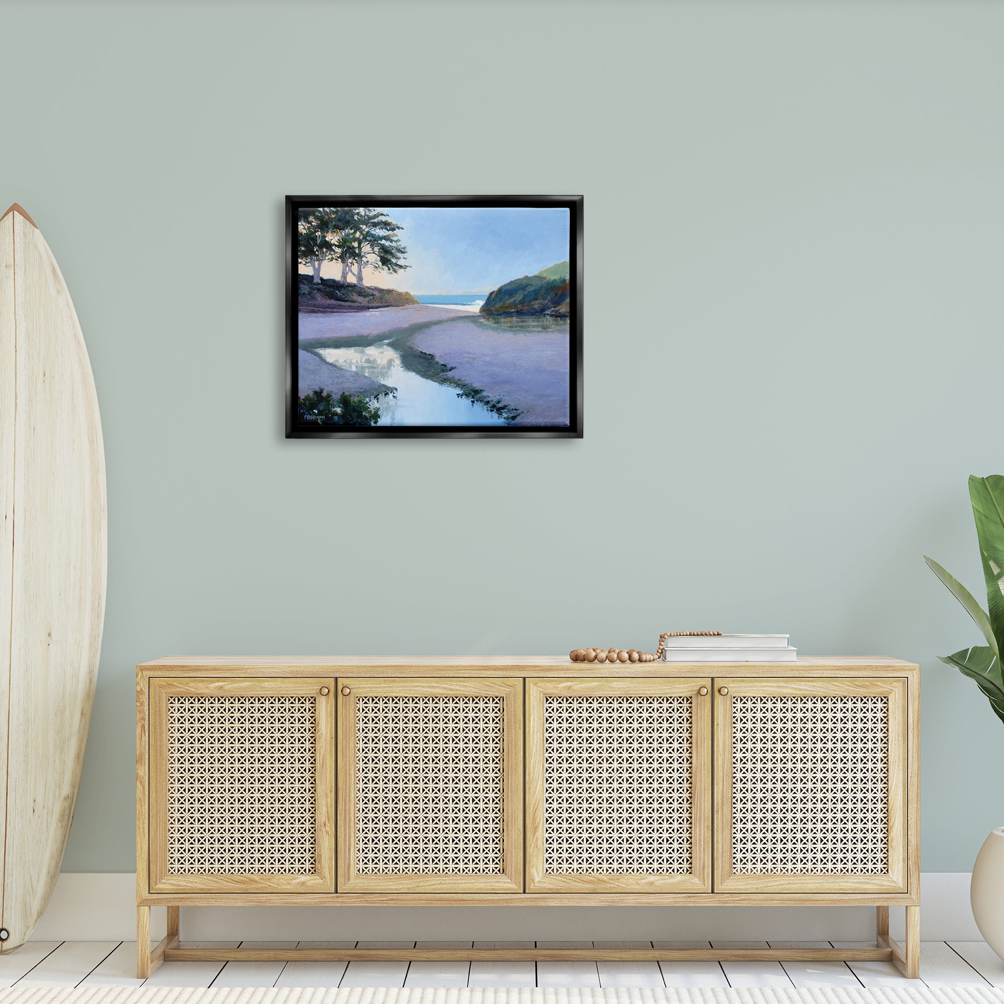 Stupell Seaside Riverbank Beach Shore Landscape Painting Black Floater Framed Art Print Wall Art